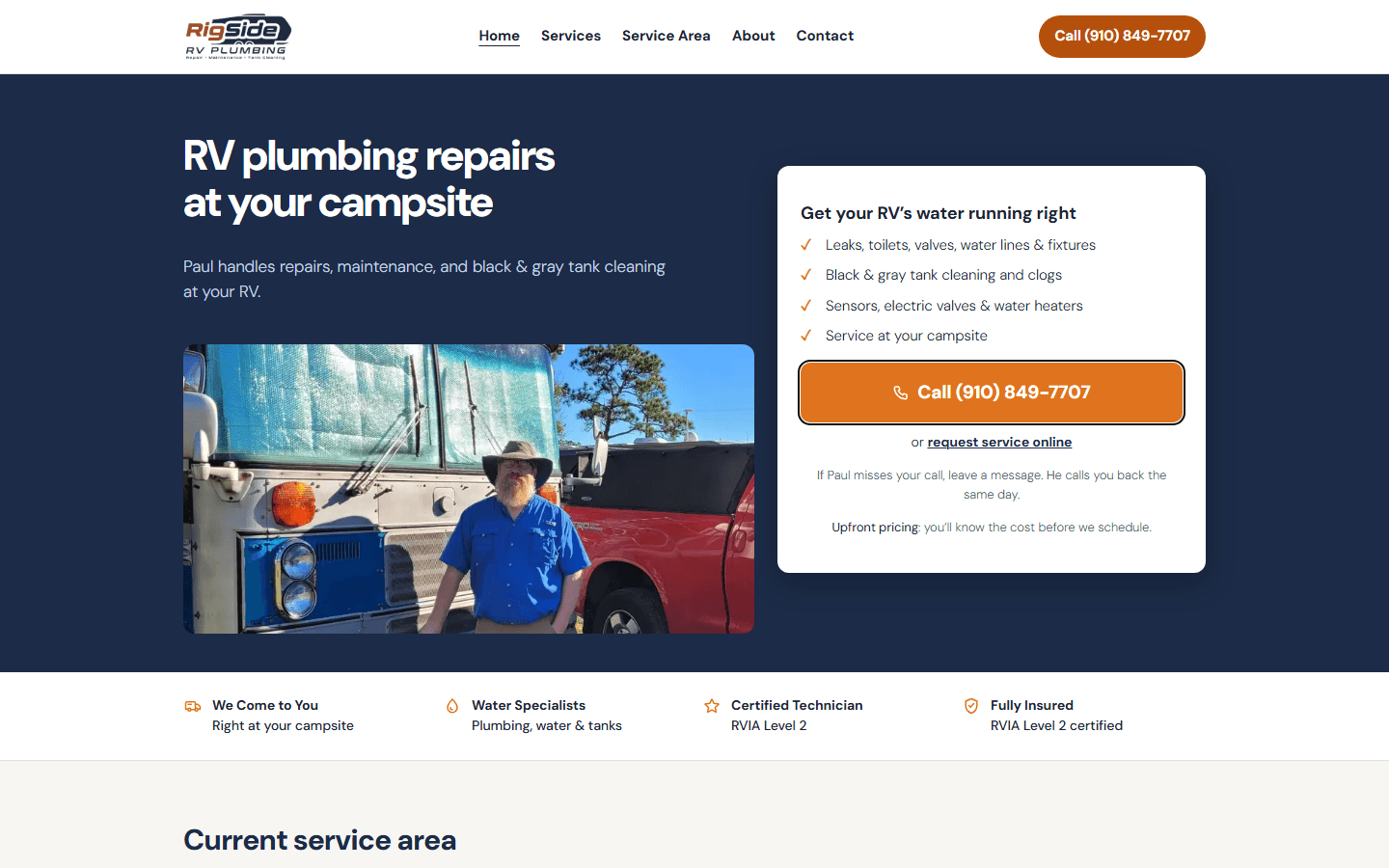 Rebuilt RigSide homepage with the owner’s photo, service details, a prominent call button and a current service area section.