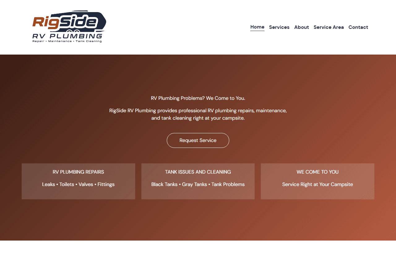 RigSide’s previous homepage with a large logo, a text-led brown hero and a Request Service button.